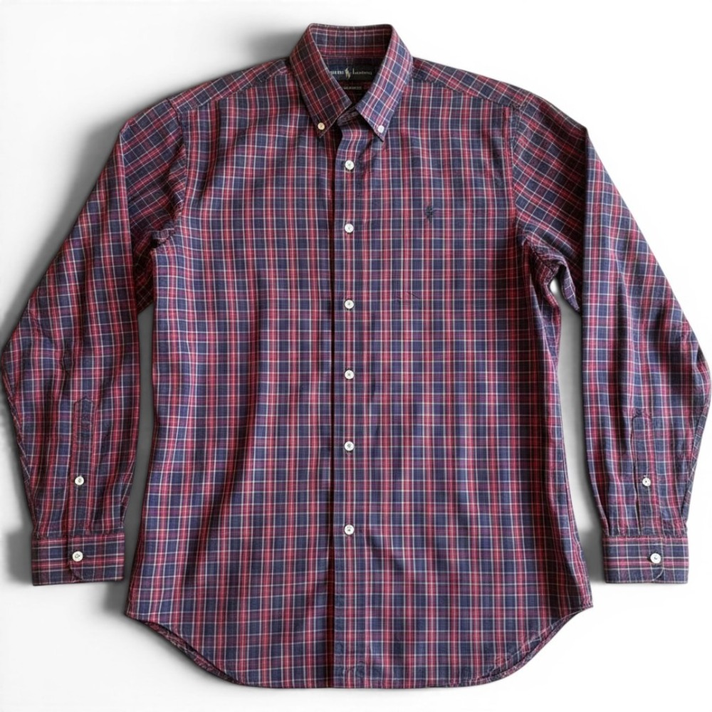 Ralph Lauren Mens Classic Fit Plaid Button Down Shirt Red Navy Blue Large